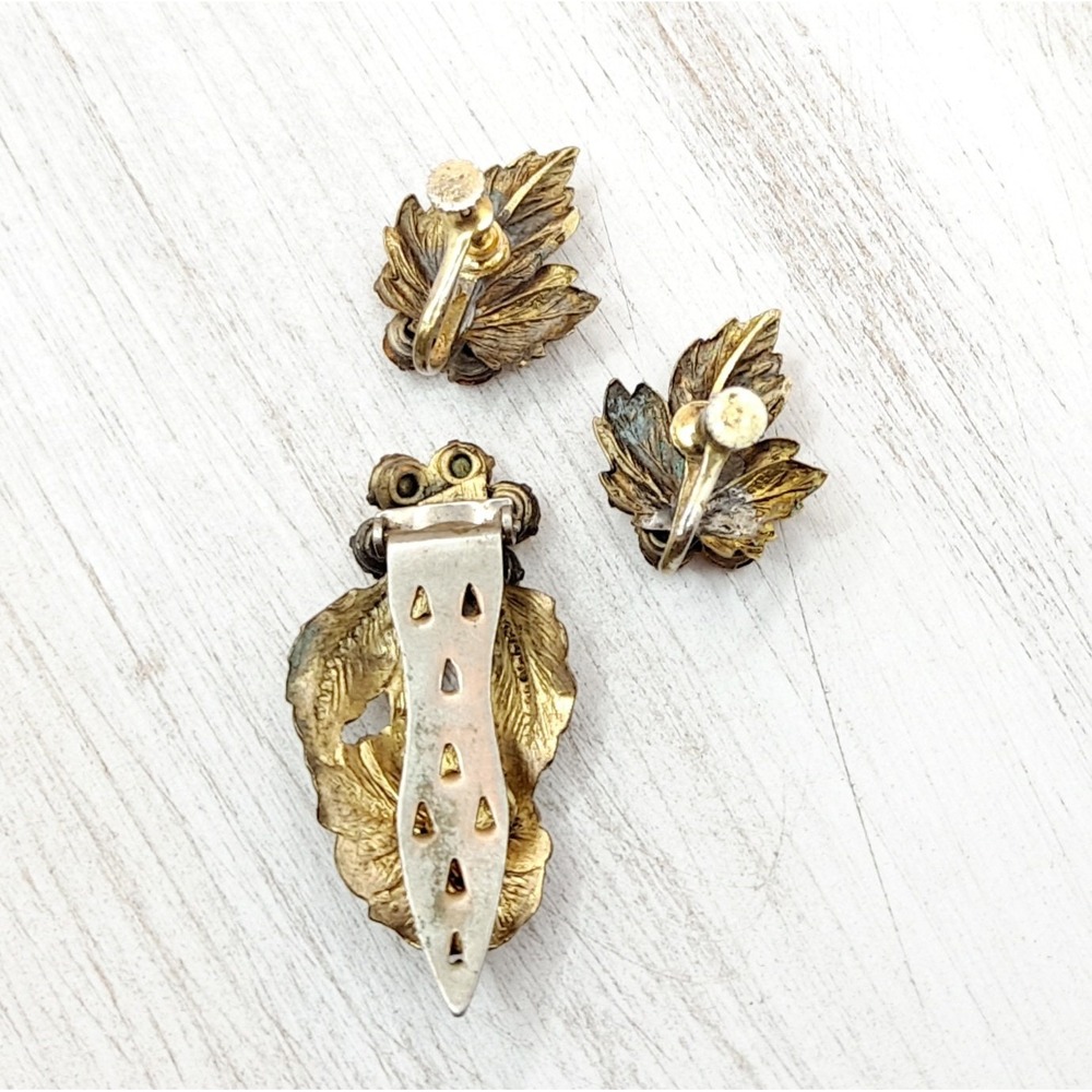Vintage Art Deco Floral Dress Clip and Screwback Earrings Set Orange Rhinestones - Picture 6 of 8